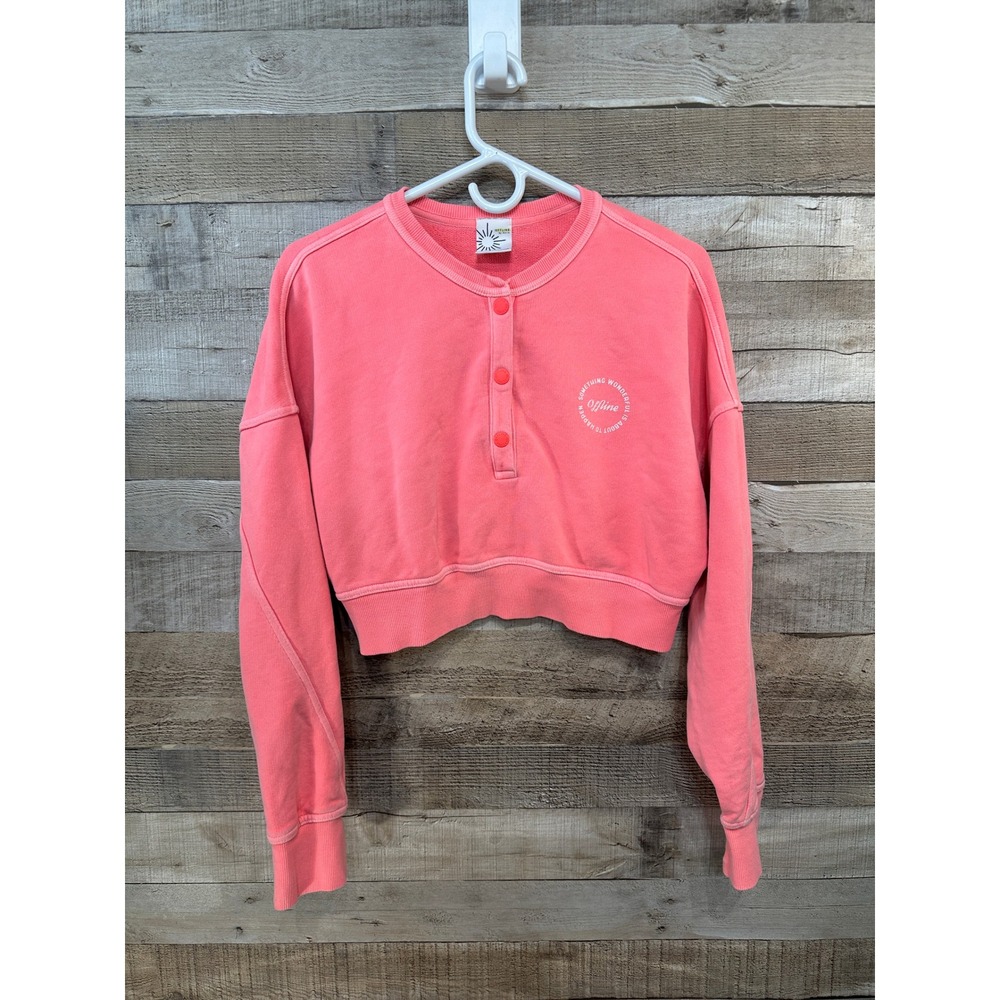 Offline by Aerie Coral Pink Cropped Snap Button Sweatshirt Thumbholes Size Small